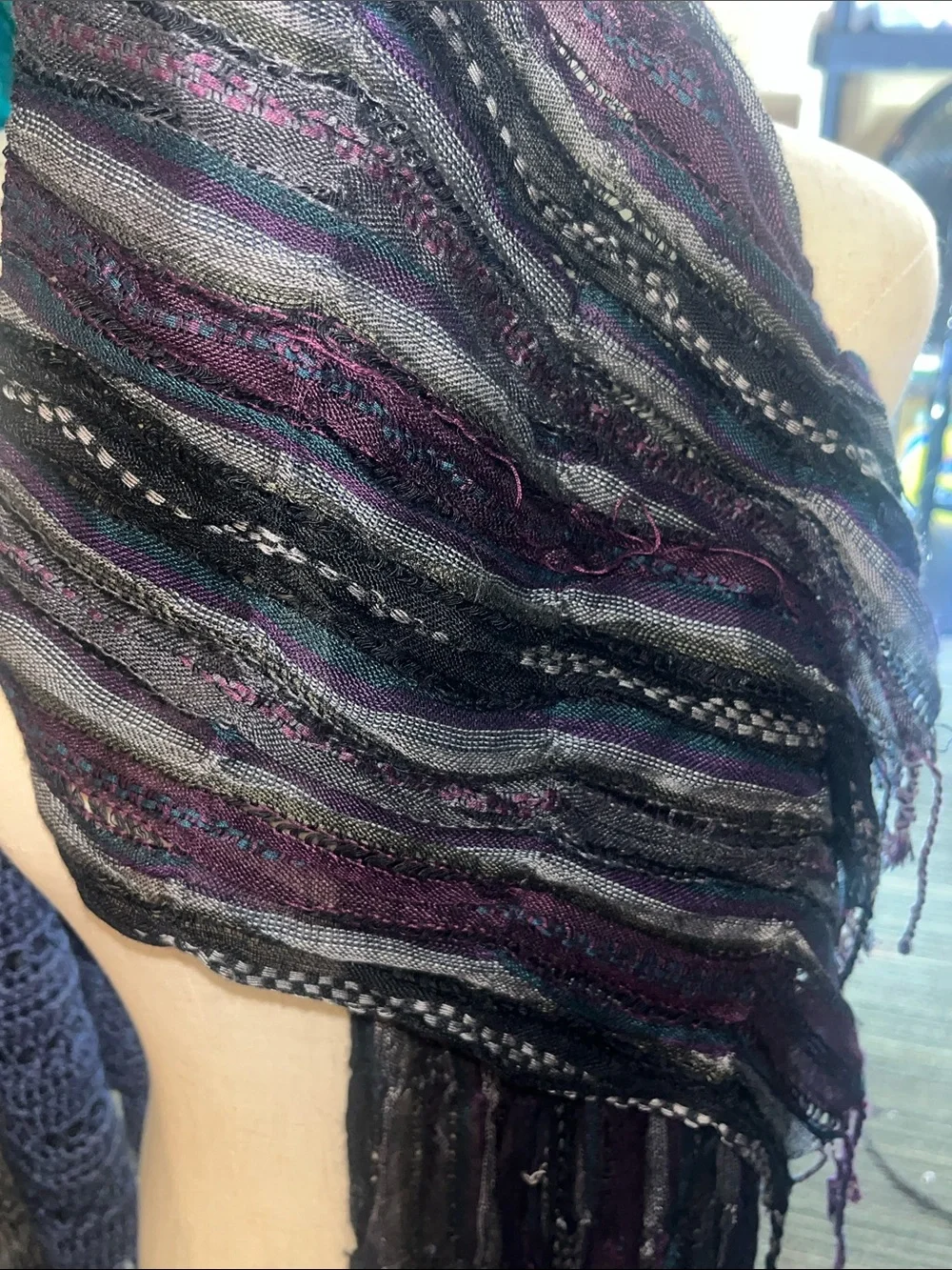 Lightweight Striped Fringe Scarf - Black & Purple Bohemian Crinkle Textured S197